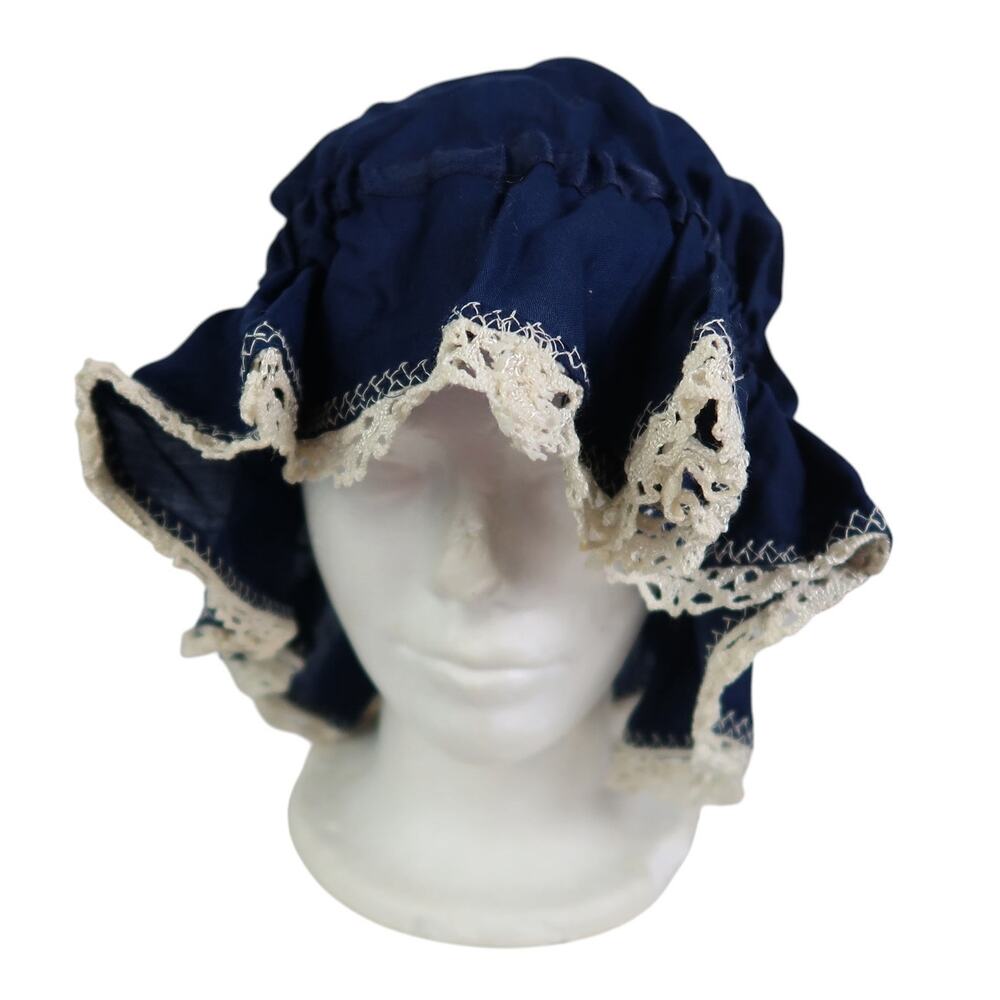 Antique Vintage Navy Blue Bonnet Hat Frilly Lace Trim